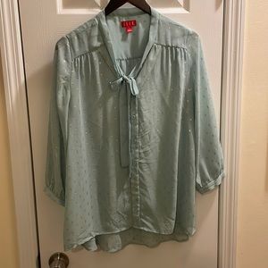 Teal & gold sheer blouse with bow